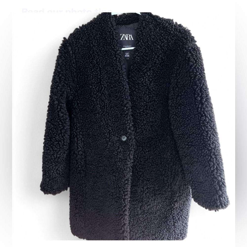 Zara Women's Black Teddy Jacket. Size XS oversized.Two pockets.